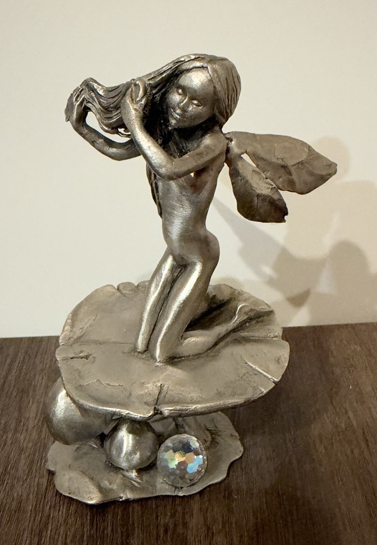 Vtg 1988 Rawcliffe Pewter Water Fairy Pixie on Mushroom w Crystal Ball 4” Signed Vtg 1988 Rawcliffe Pewter Water Fairy Pixie on Mushroom w Crystal Ball 4” Signed