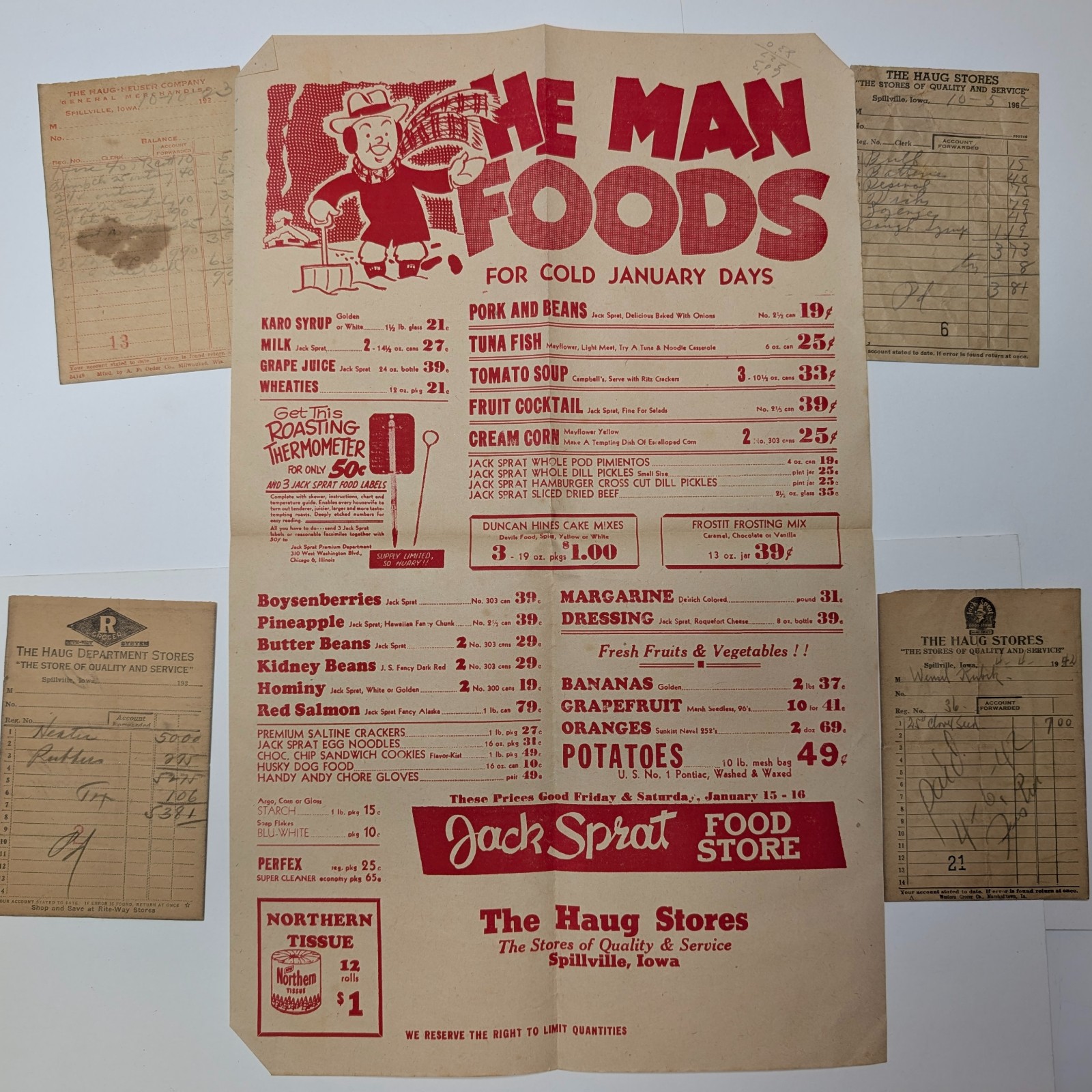 5 LOT Vtg Spillville Iowa Jack Sprat Food Store Flyer Ad Haug Stores Receipts IA