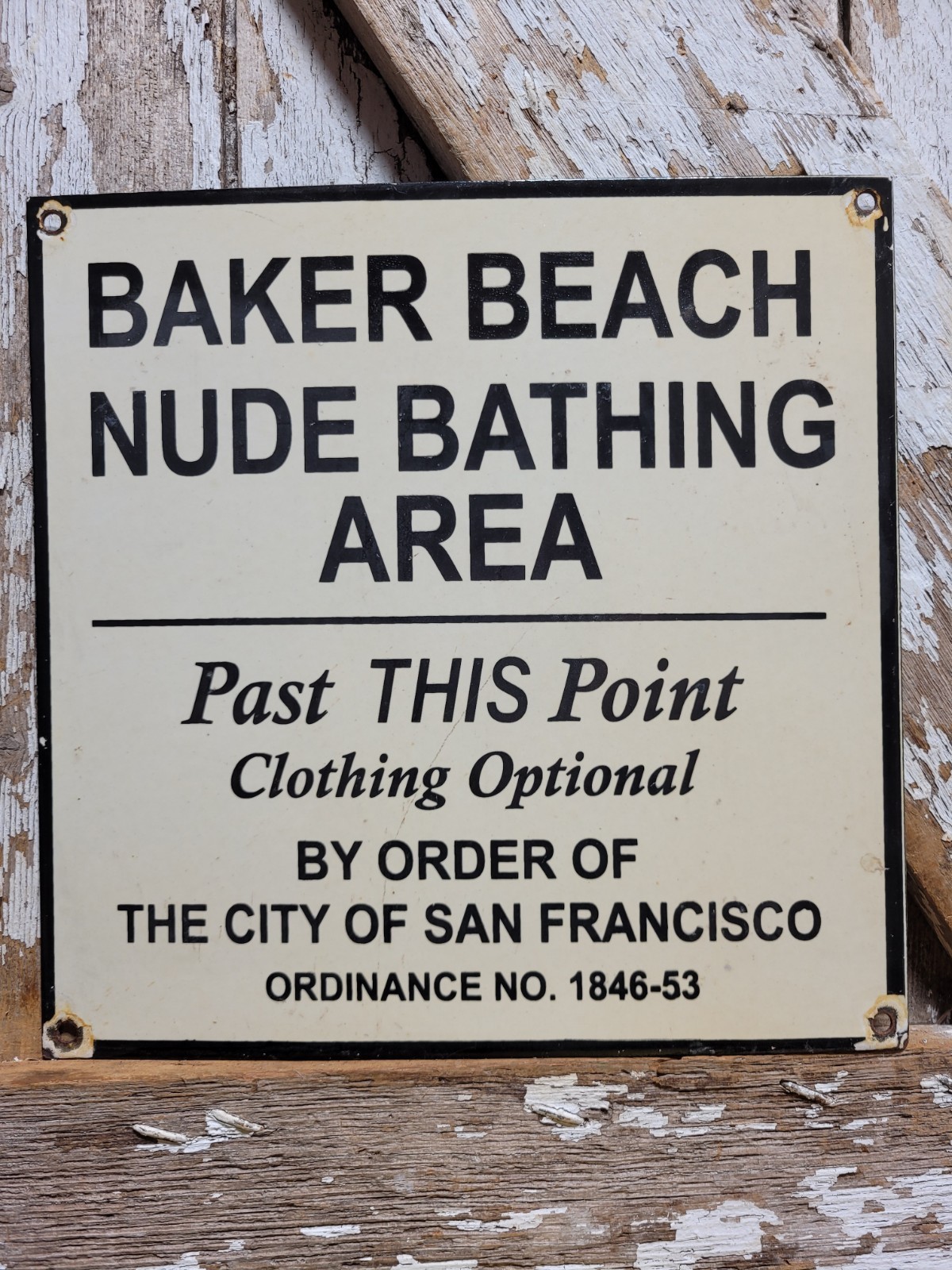 VINTAGE NUDE SWIMING PORCELAIN SIGN RARE OLD BAKER BEACH SAN FRANCISCO BROTHEL