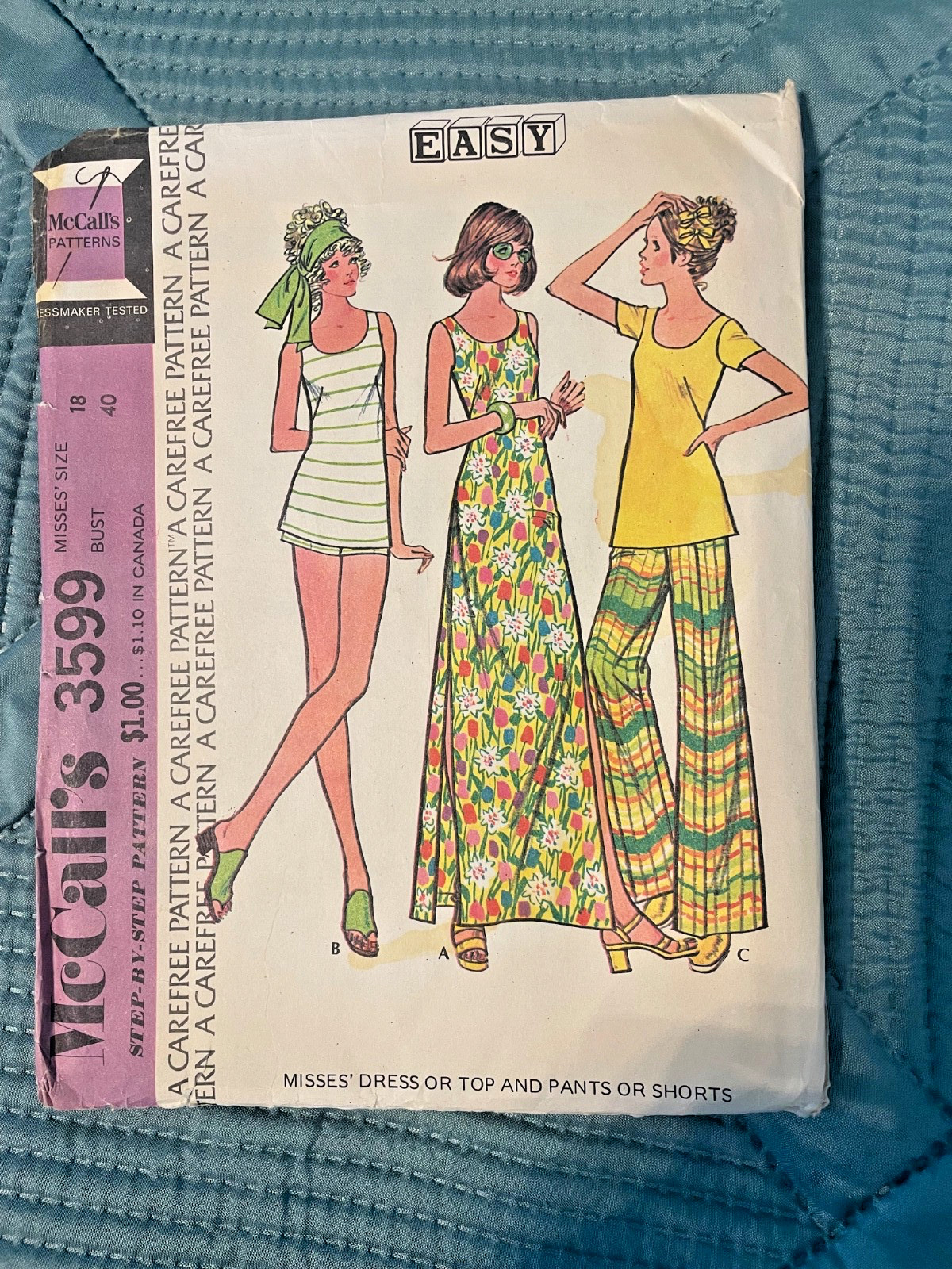 Vintage 1970s McCalls #3599 Misses' Dress Top Pants bell bottoms women’s 18 Vintage 1970s McCalls #3599 Misses' Dress Top Pants bell bottoms women’s 18