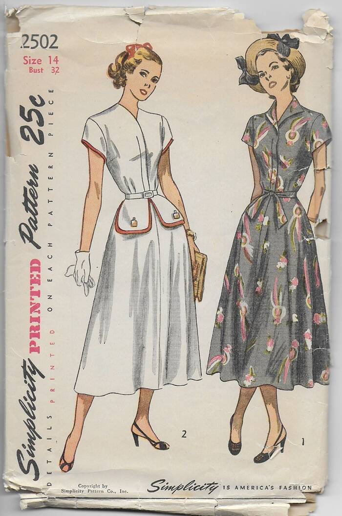 Vintage 1948 Simplicity Sewing Pattern 2502 Misses' Day DRESS 14, B32 UNCUT
