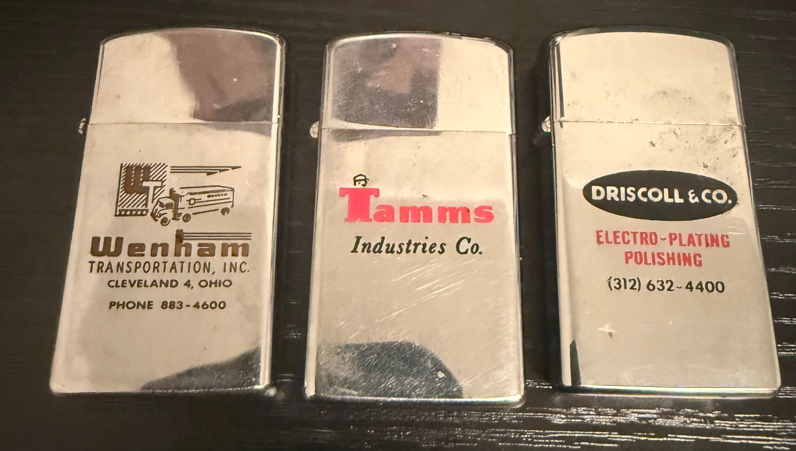 Vintage Lot of 3 1970's Zippo Slim Advertising Lighters