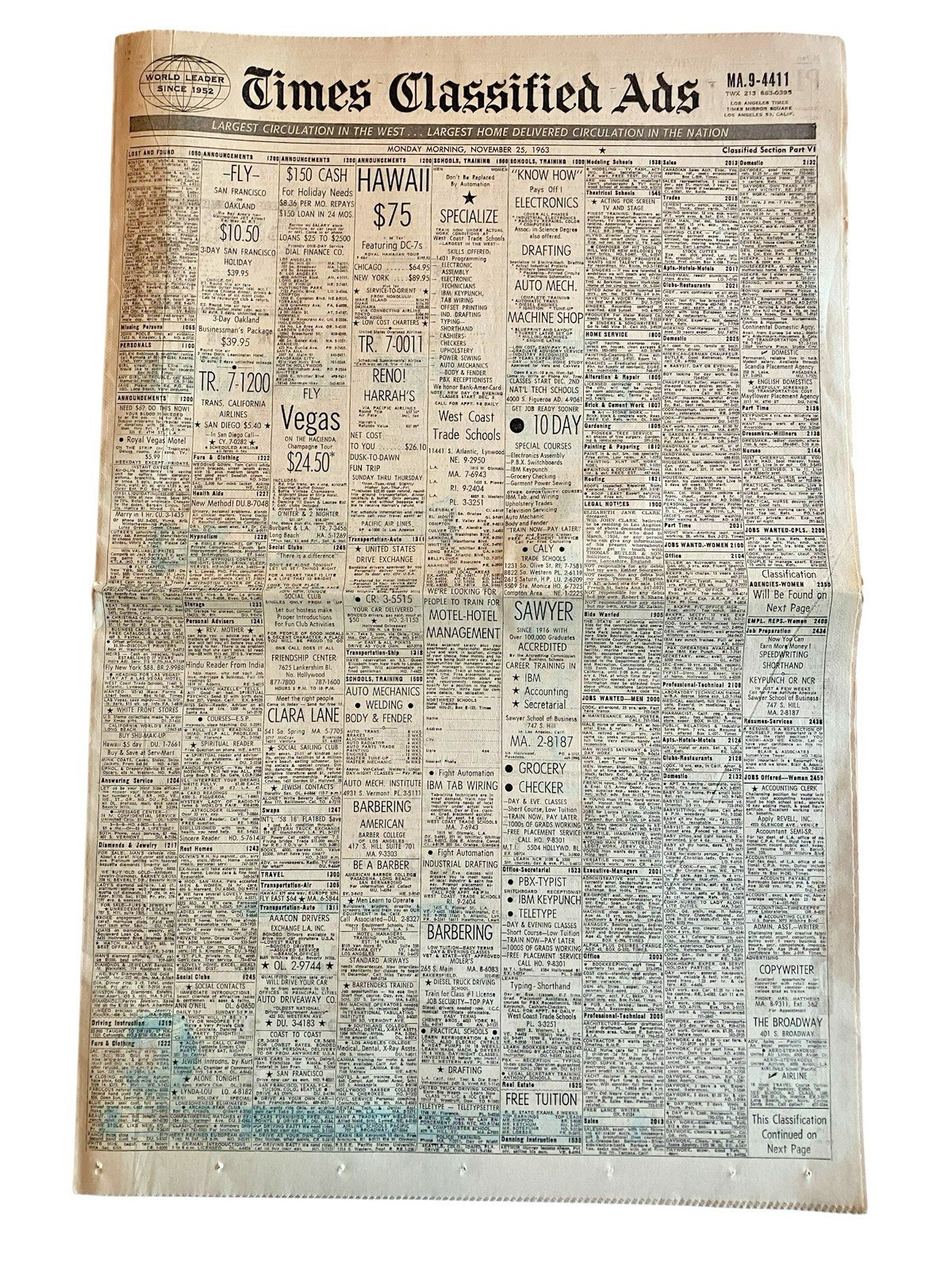 Vtg Nov 1963 Los Angeles Times Classified Section CA Real Estate Jobs Car Ads