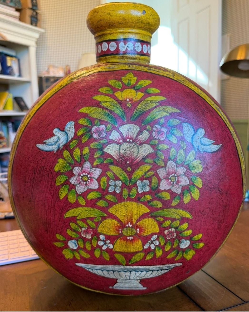 Vintage Hand Painted Indian Moon Flask canteen metal floral vase