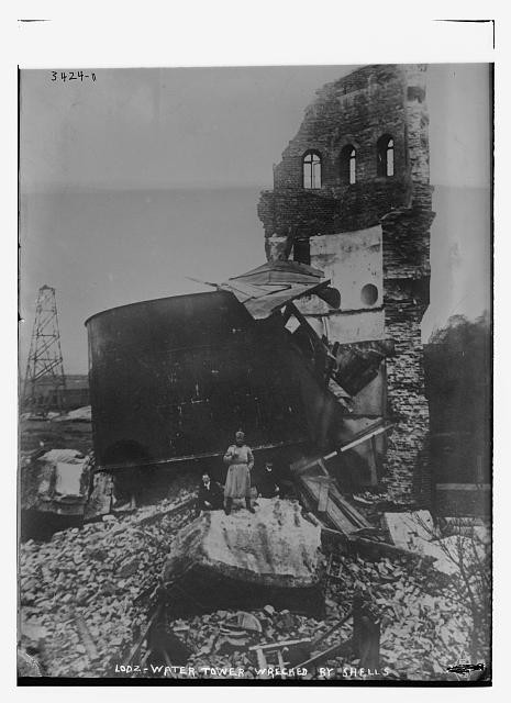 Lodz Poland 1910s Water Tower Wrecked by Shells War Damage Rubble Men