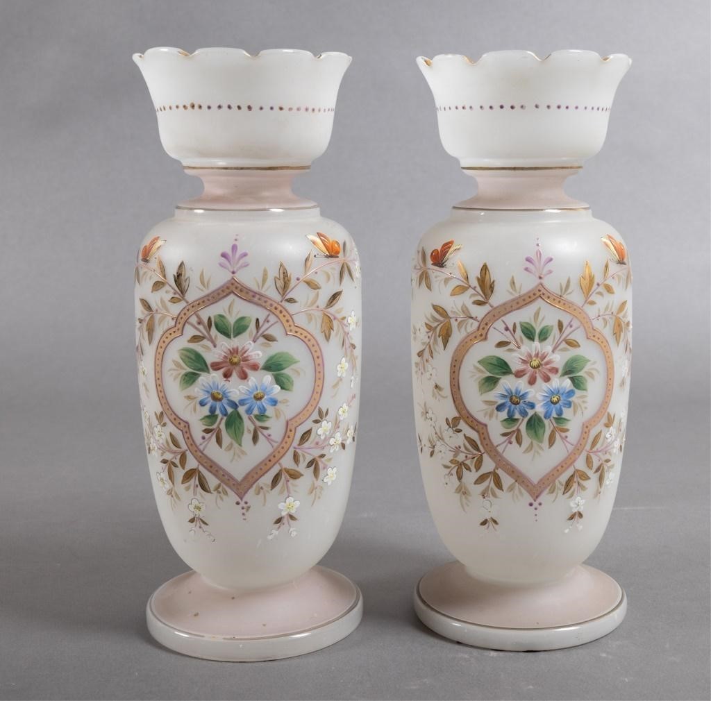 Pair of 19th Century Hand-Painted Bristol Style Glass Vase with Gilded Cartouche