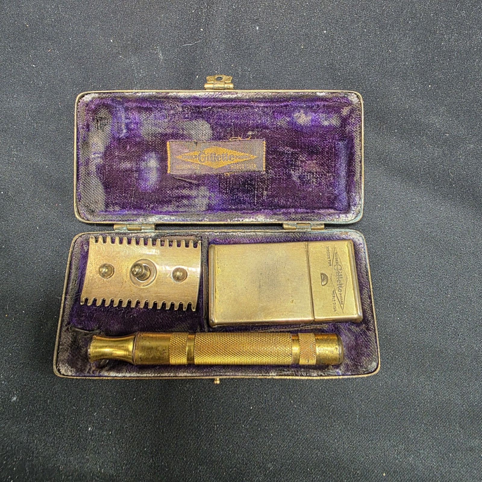 Antique Gillette Pocket Edition Brass Safety Razor Set w/ Case & Blade Box c1907 Antique Gillette Pocket Edition Brass Safety Razor Set w/ Case & Blade Box c1907