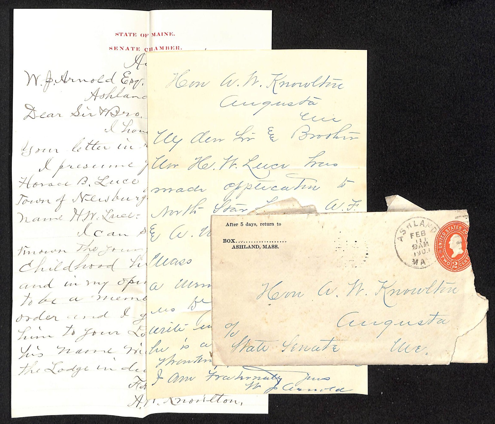 2 1903 ALS - One on State of Maine Senate Chamber Stationary + Cover Knowlton*