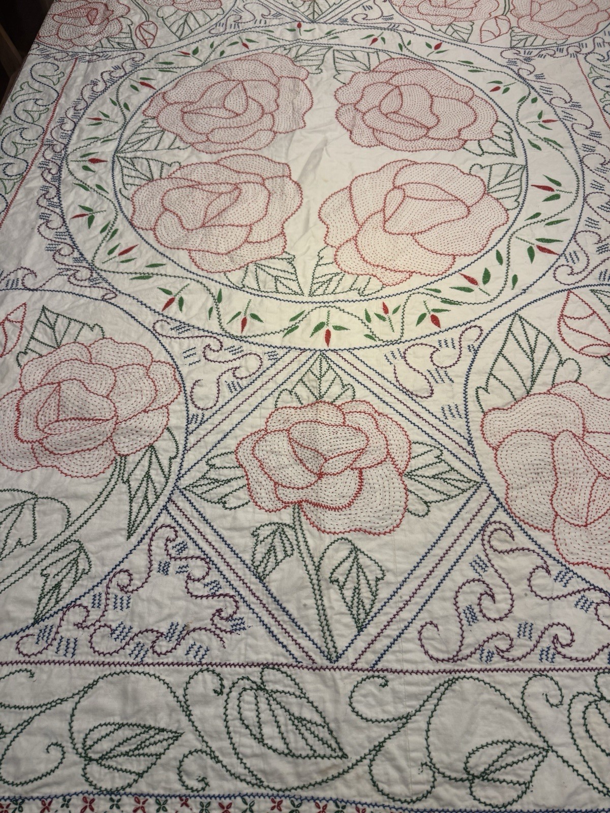 Vintage Hand Embroidered Kantha Quilt Floral India Bangladesh 82x72