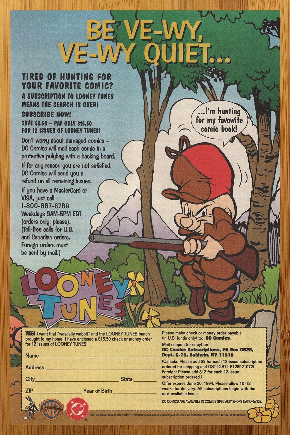 1994 DC Comics Looney Tunes Vintage Print Ad/Poster Authentic Elmer Fudd Art 90s