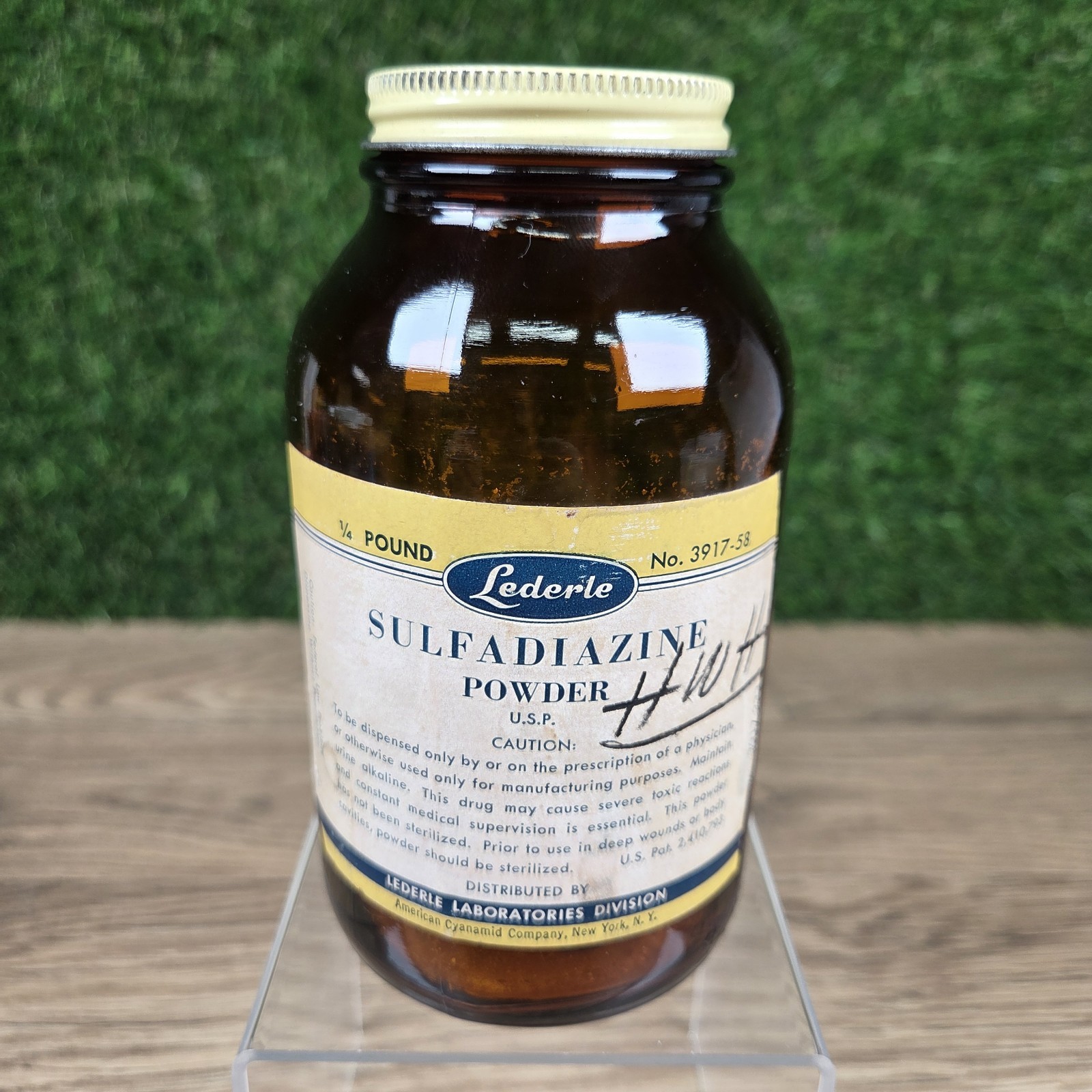 Vintage Lederle Laboratories Sulfadiazine Powder Bottle Amber Glass Empty Apothe