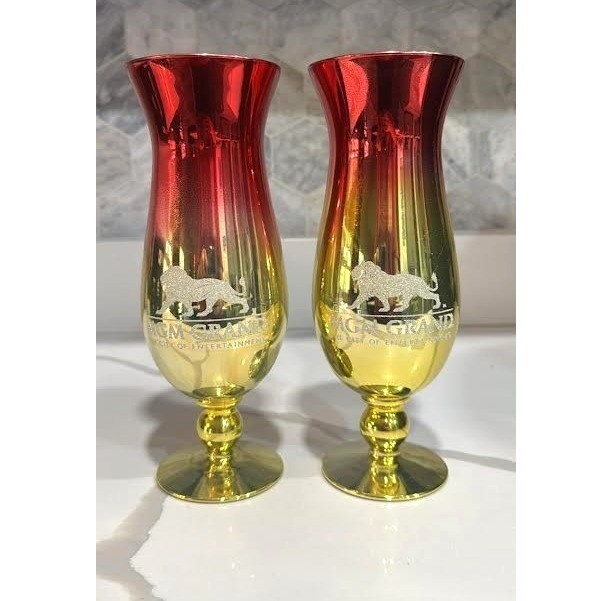 Vintage MGM Grand Hollywood Hurricane Glasses Set of 2 Gold Red Casino Souvenir Vintage MGM Grand Hollywood Hurricane Glasses Set of 2 Gold Red Casino Souvenir