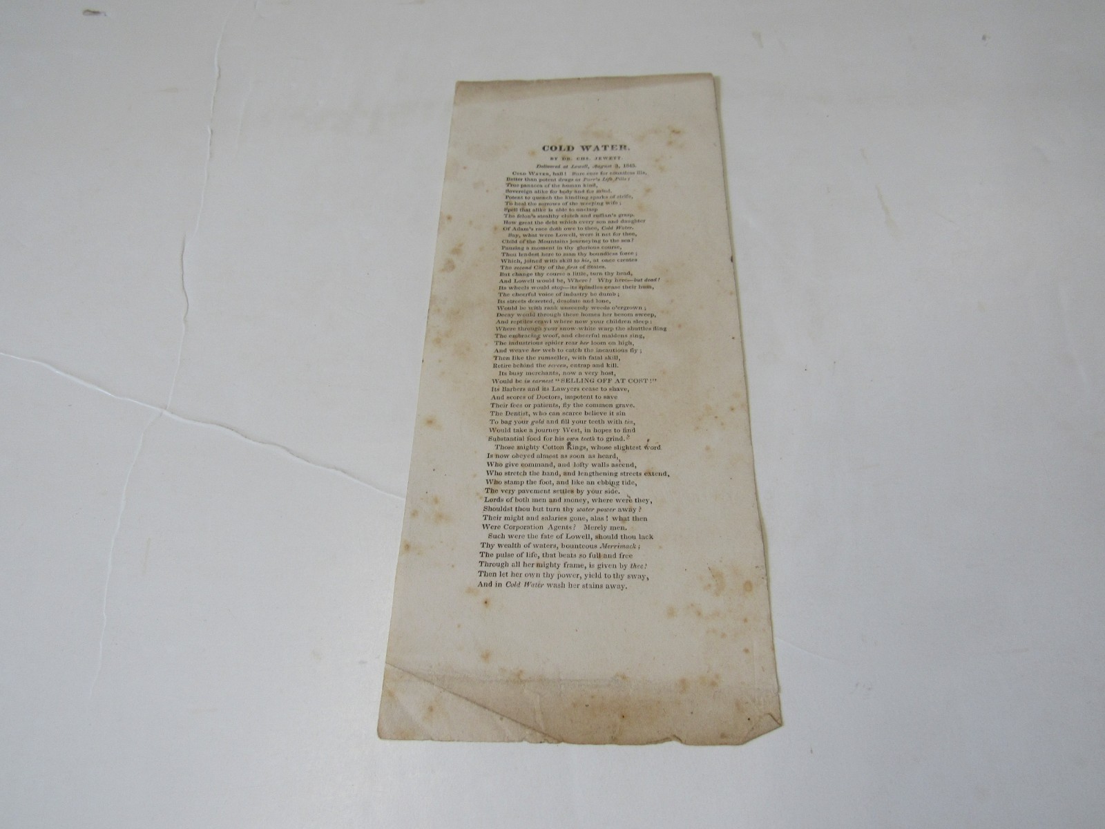 Rare 1845 Unrecorded Temperance Broadside by Jewett, Lowell, MA? Cold Water Rare 1845 Unrecorded Temperance Broadside by Jewett, Lowell, MA? Cold Water