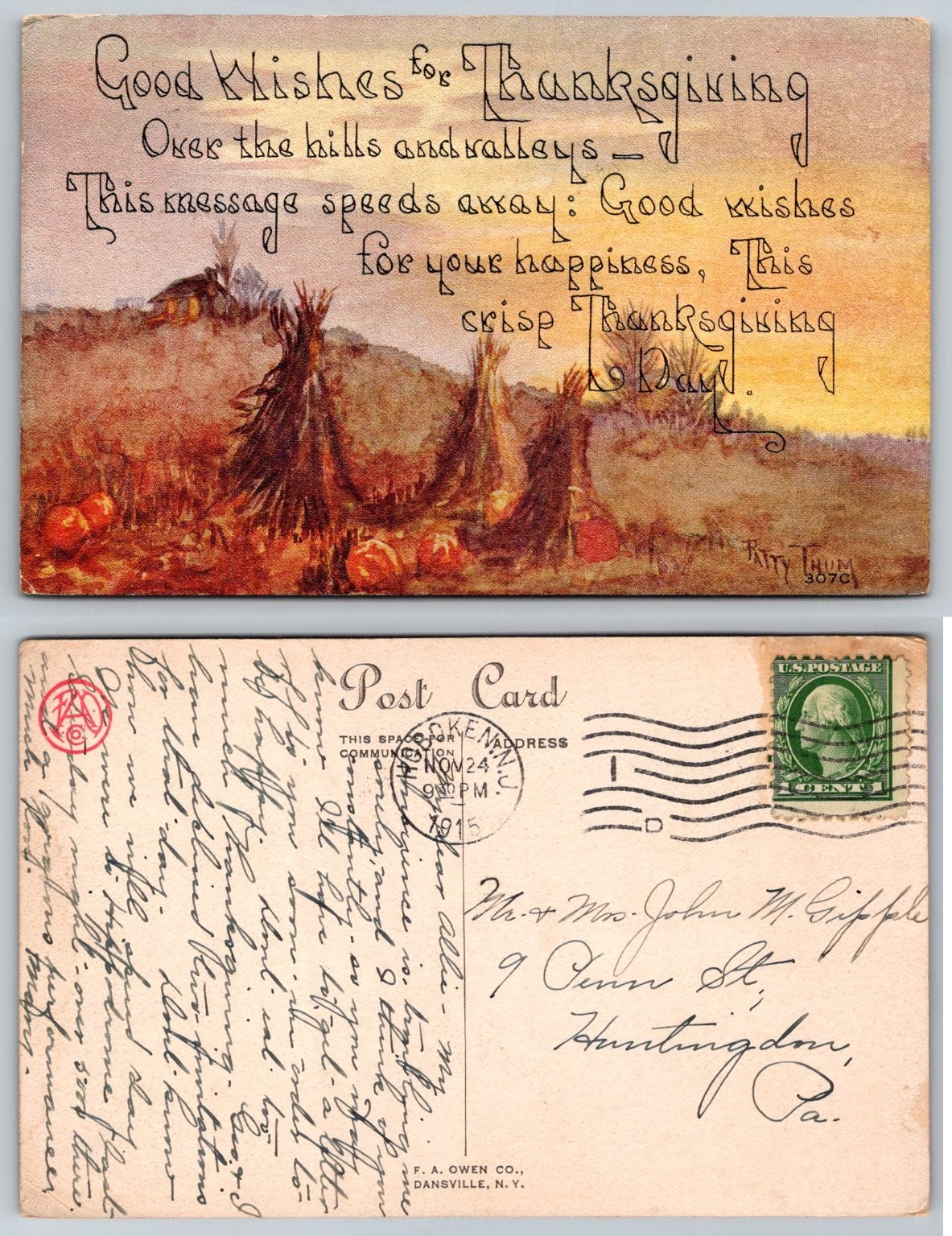 1915 Thanksgiving Postcard Ritty Thum Corn Shocks Pumpkins F.A. Owen Dansville 1915 Thanksgiving Postcard Ritty Thum Corn Shocks Pumpkins F.A. Owen Dansville