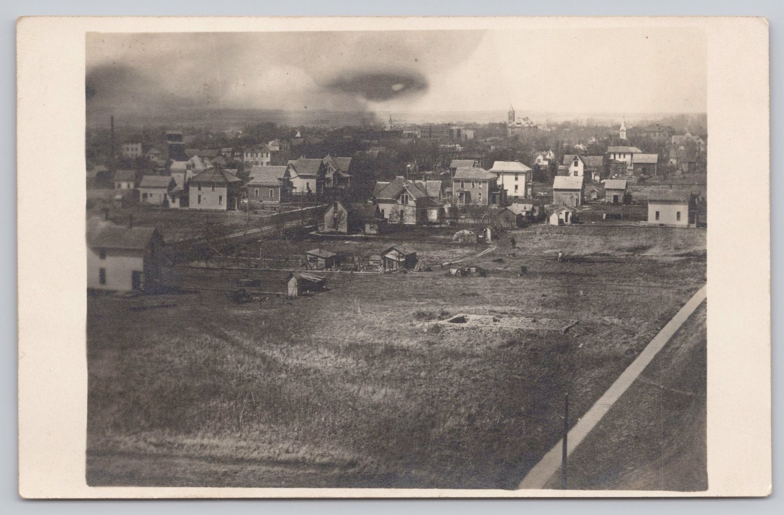 Vintage Real Photo Postcard RPPC Unidentified Town Cityscape Smoke Plume View Vintage Real Photo Postcard RPPC Unidentified Town Cityscape Smoke Plume View