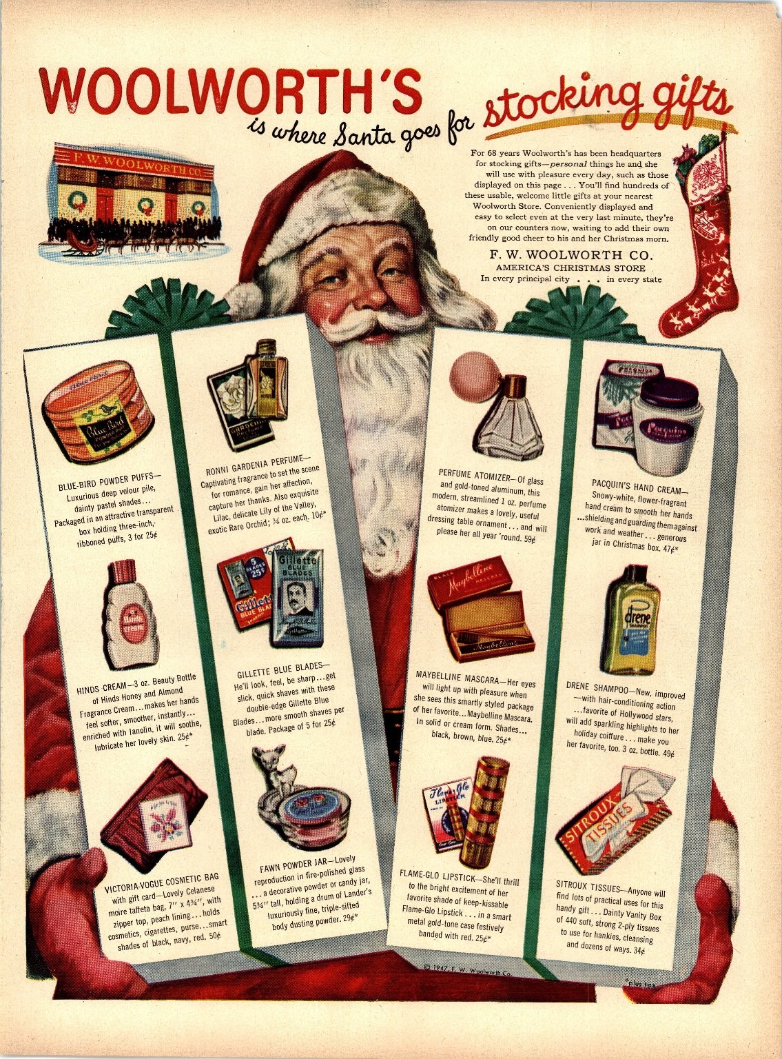 Woolworth's Vintage 1947 Christmas Magazine Ad Santa Claus Stocking Gifts AD146 Woolworth's Vintage 1947 Christmas Magazine Ad Santa Claus Stocking Gifts AD146