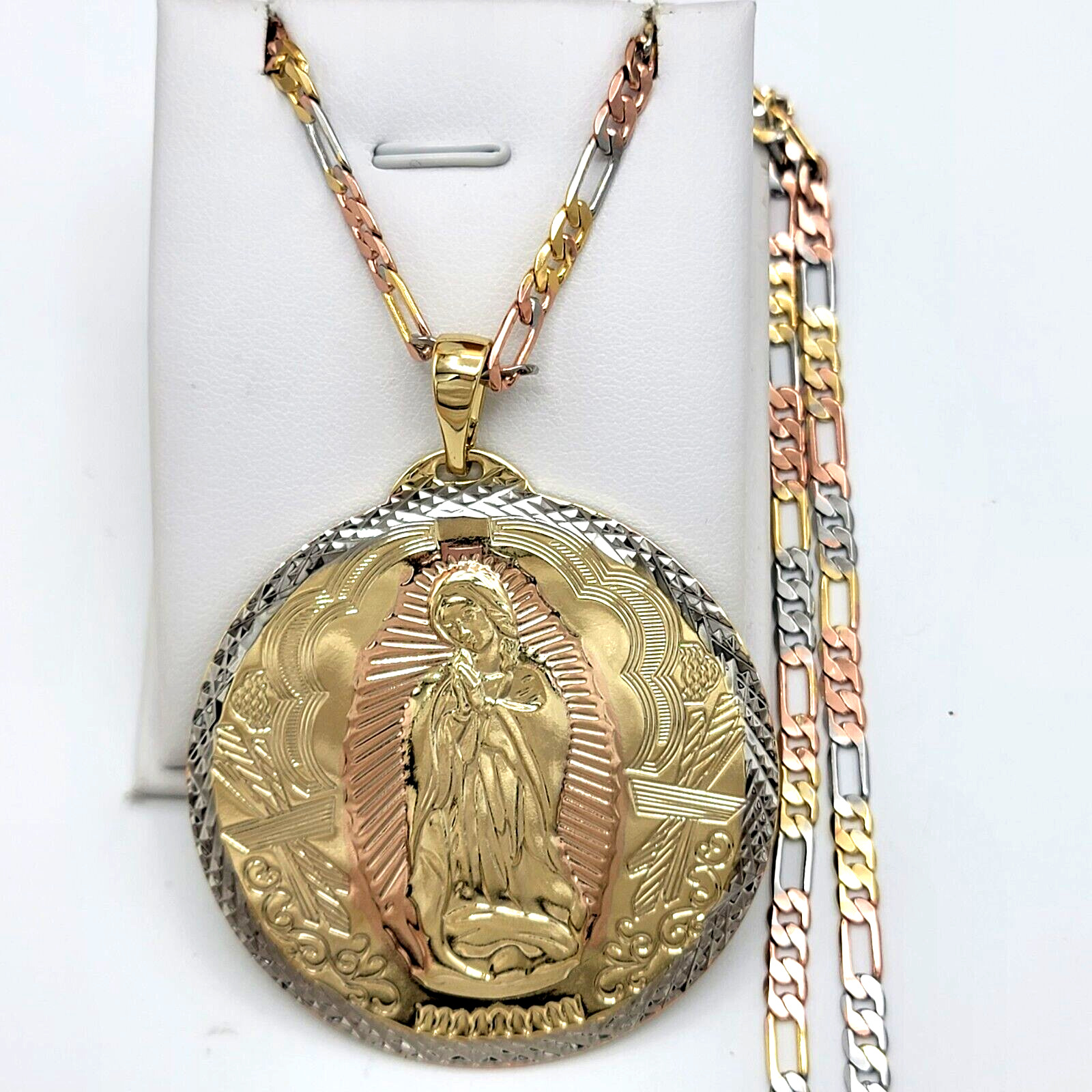 Tri Color Gold Plated Our Lady - Virgen Guadalupe Pendant & Chain. Oro Laminado