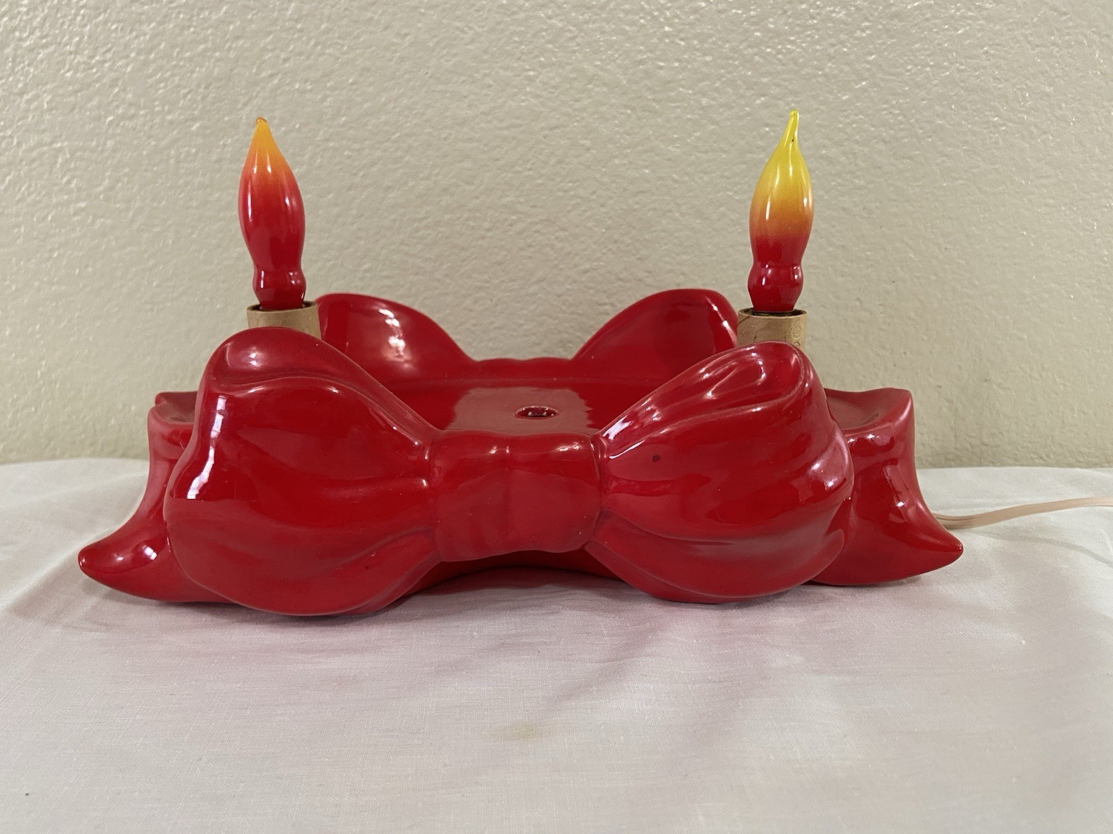 Vintage Red Ceramic Bow Base ONLY Replacement Wreath Lighted Working Excellent