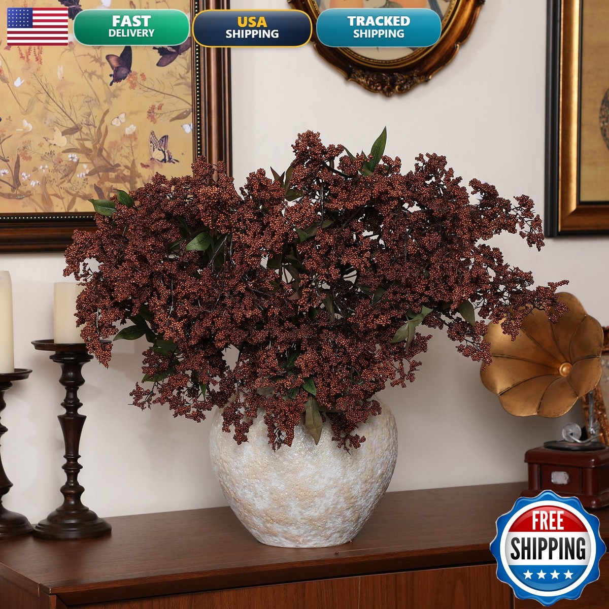 Zeyune 3 Pcs Fall Brown Faux Berry Stem 42'' for Vase