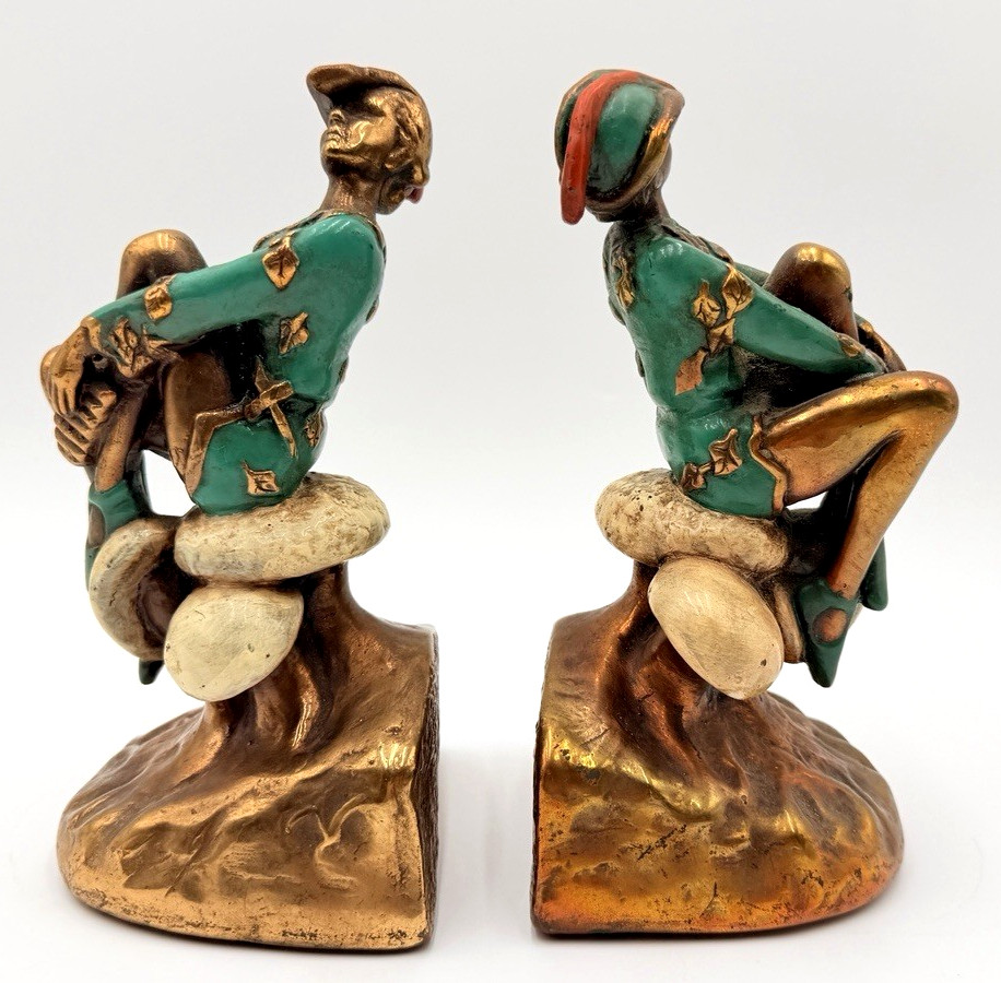 Antique Marion Bronze Clad 'Peter Pan' On Mushrooms Polychrome Bookends 7.5 Antique Marion Bronze Clad 'Peter Pan' On Mushrooms Polychrome Bookends 7.5