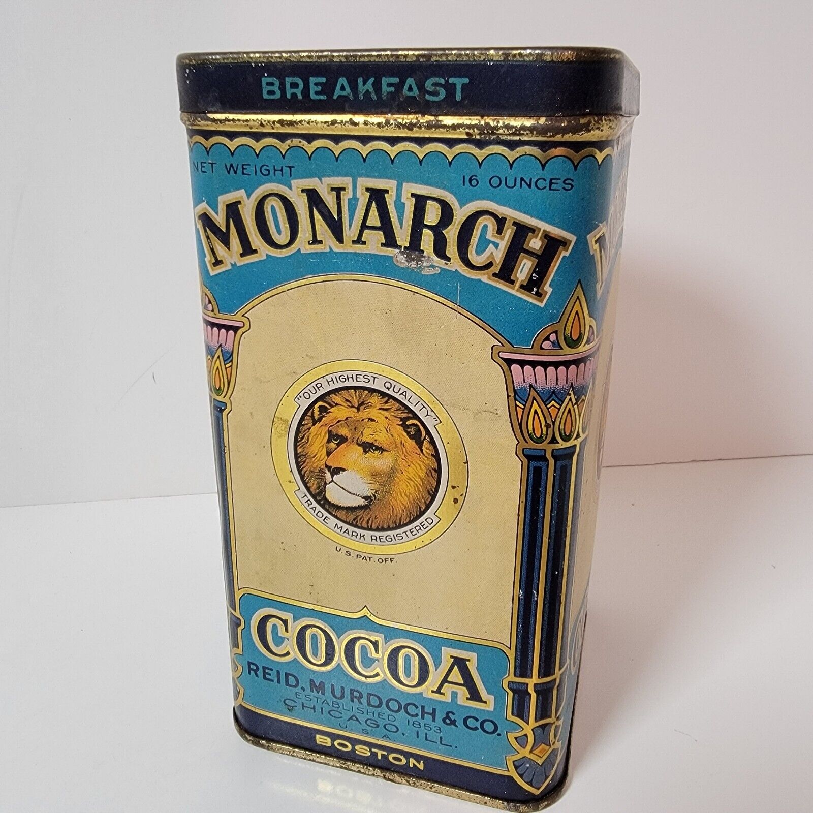Antique Monarch Cocoa Tin Litho Lion Brand Can Reid Murdoch Cool Graphics 16 OZ