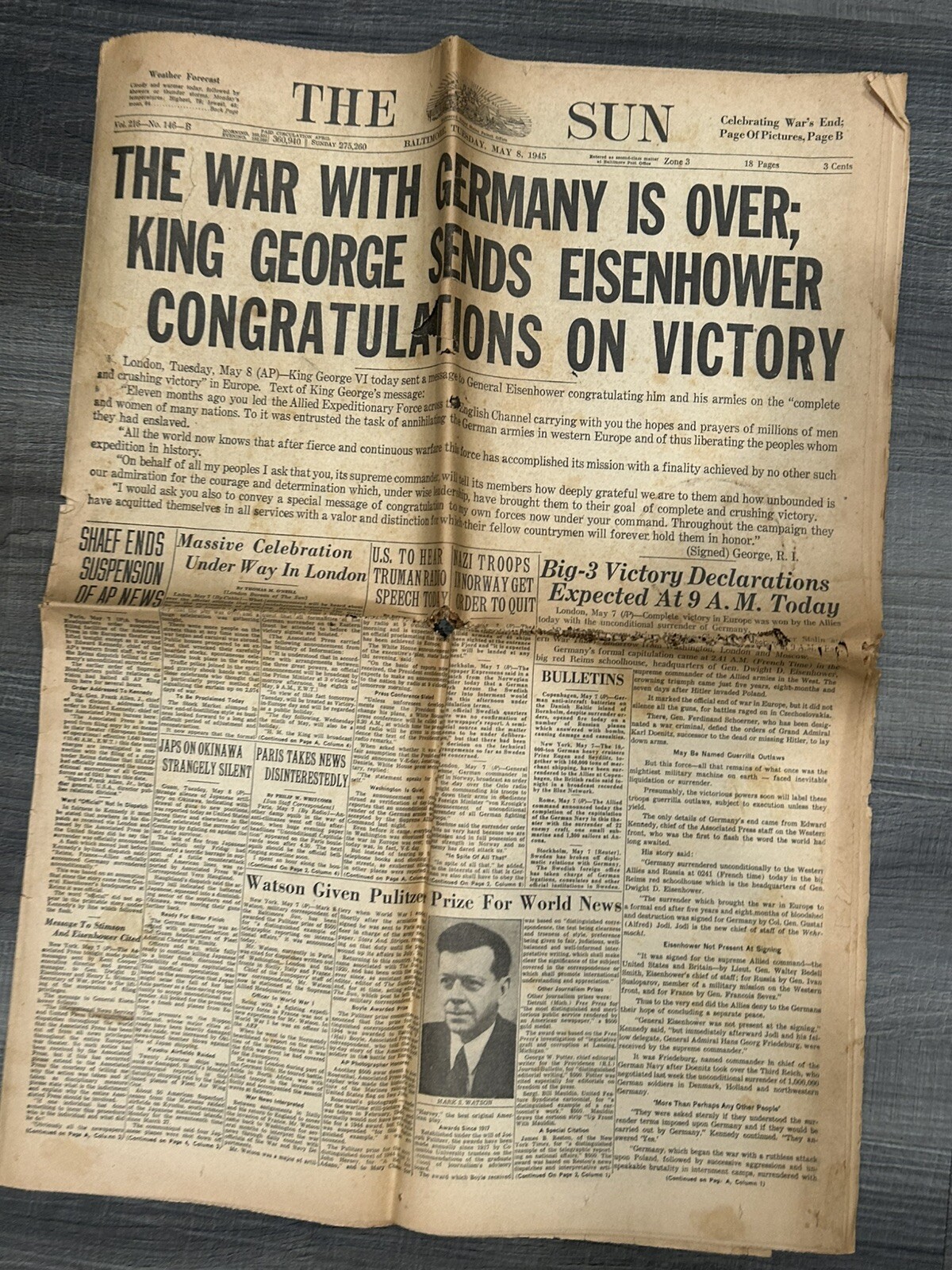 Baltimore Sun Newspaper May 8 1945 The War With Germany Is Over WWII
