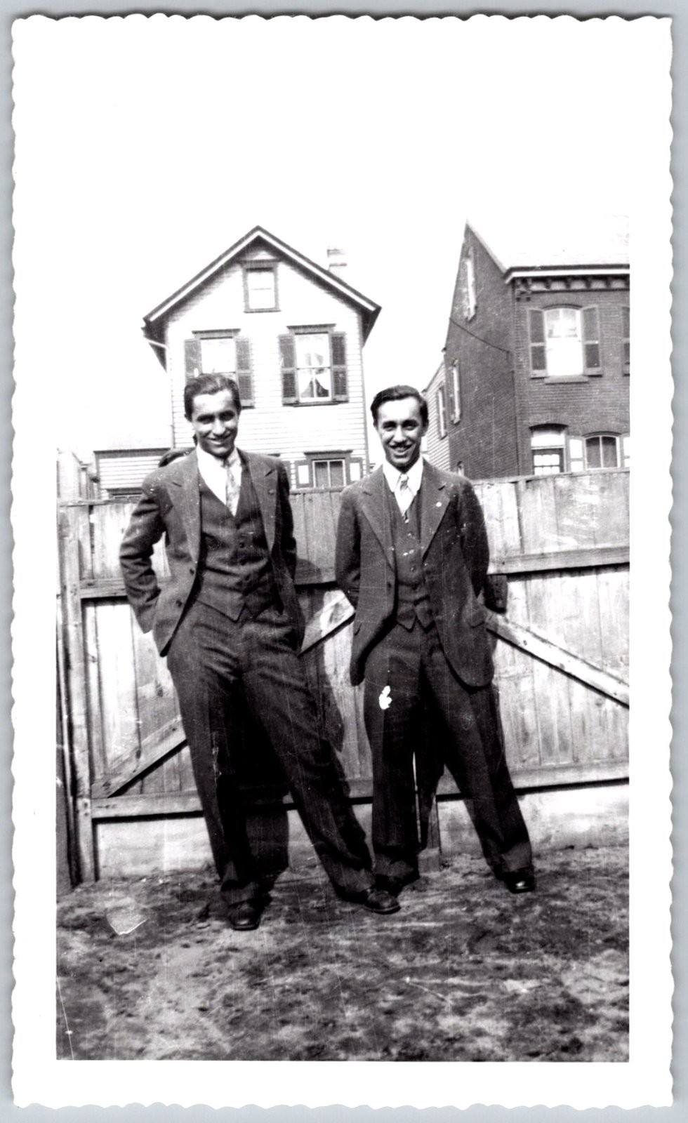 Vtg B&W Snapshot Two Young Men Dapper Three Piece Suits Yard Fence Houses 1930s Vtg B&W Snapshot Two Young Men Dapper Three Piece Suits Yard Fence Houses 1930s