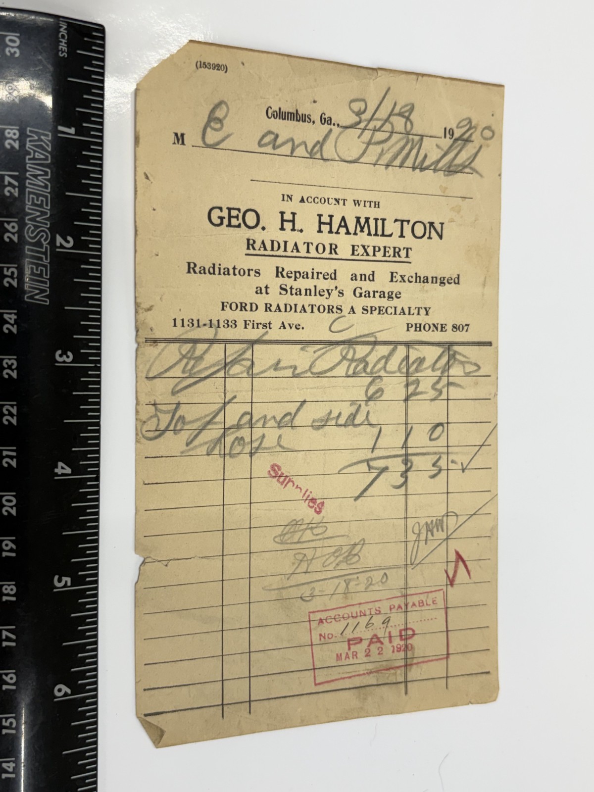 Columbus, GA Geo. H. Hamilton Radiator Expert Vintage Receipt 1920 Columbus, GA Geo. H. Hamilton Radiator Expert Vintage Receipt 1920