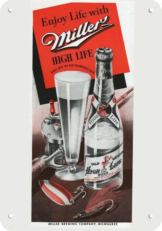 1942 MILLER HIGH LIFE BEER Fishing Fish Rod & Reel DECORATIVE REPLICA METAL SIGN 1942 MILLER HIGH LIFE BEER Fishing Fish Rod & Reel DECORATIVE REPLICA METAL SIGN
