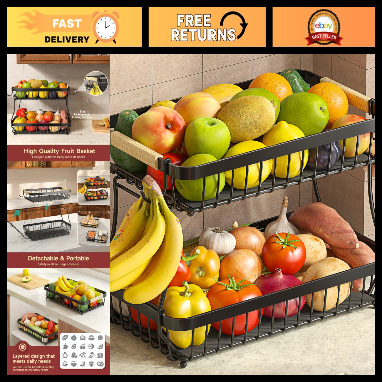 2-Tier Fruit Basket with Banana Hangers, Detachable Metal Bowl 2-Tier Fruit Basket with Banana Hangers, Detachable Metal Bowl