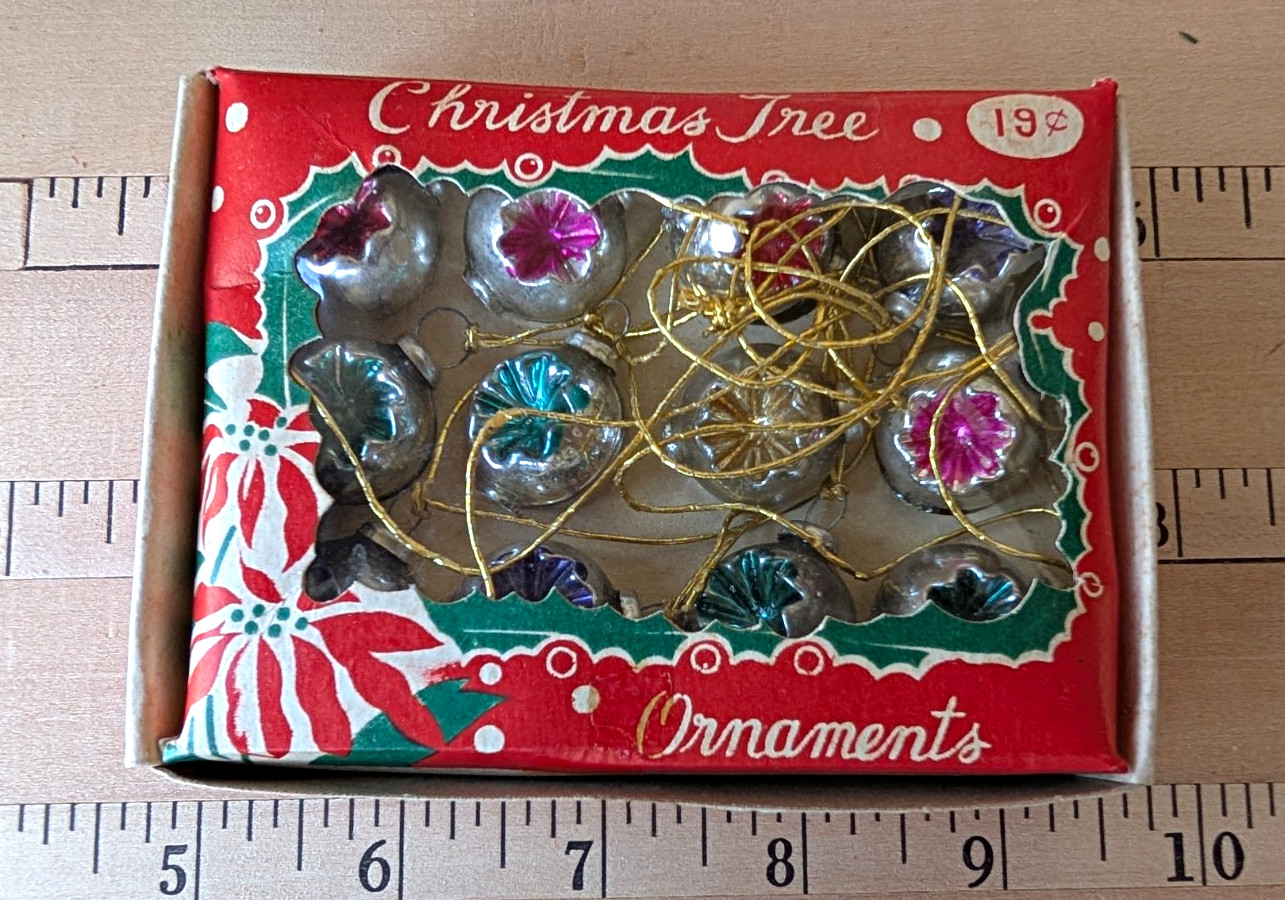 12 Vtg Glass Indent Silver Christmas Ball Ornaments in Box Japan 20mm on String 12 Vtg Glass Indent Silver Christmas Ball Ornaments in Box Japan 20mm on String