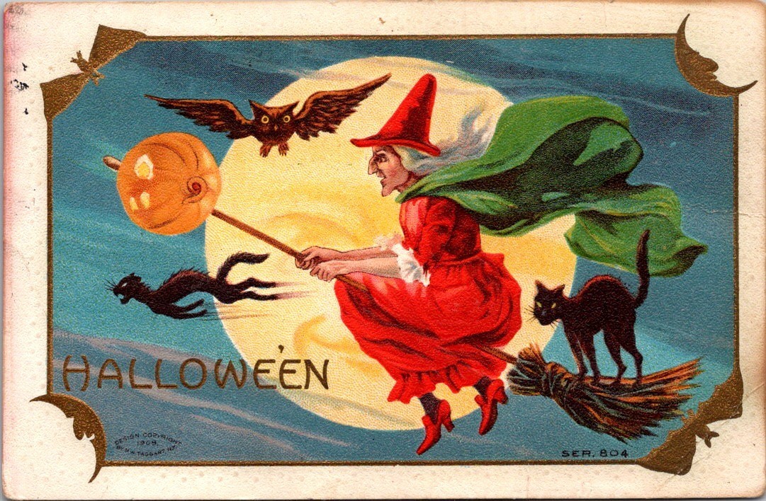 Antique Halloween Postcard Witch Broomstick Owl Black Cats Moon MW Taggart c1910 Antique Halloween Postcard Witch Broomstick Owl Black Cats Moon MW Taggart c1910