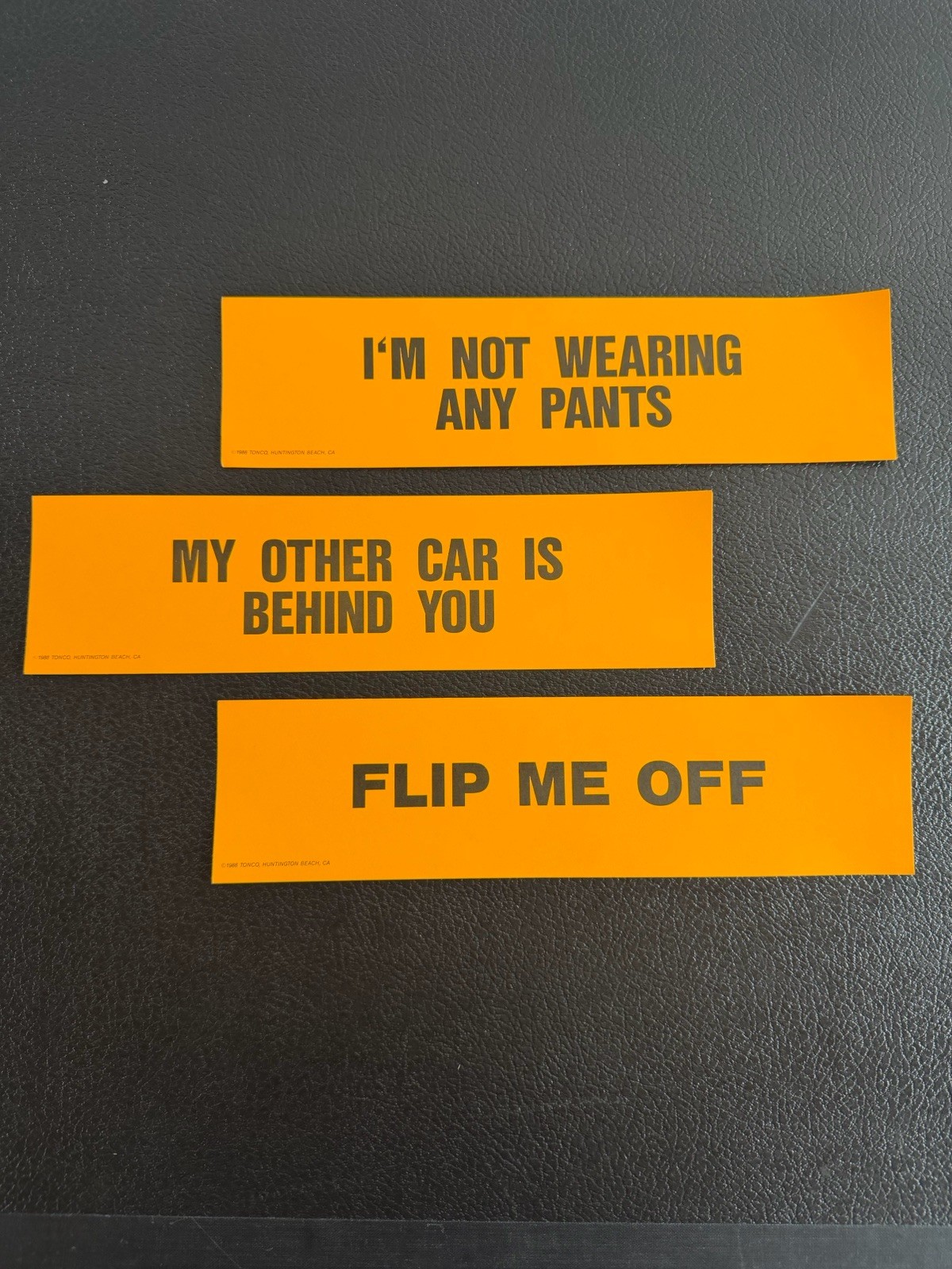 Vintage 1988 Tonco Funny Bumper Stickers Lot (3) Orange Humor Novelty Unused Vintage 1988 Tonco Funny Bumper Stickers Lot (3) Orange Humor Novelty Unused
