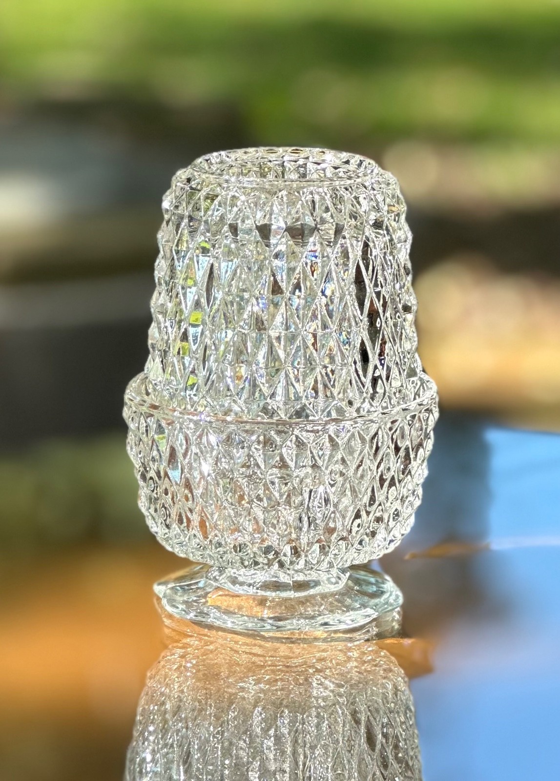 Vintage Indiana Glass Diamond Point Clear Fair Lamp 2 Piece Candle Light Vintage Indiana Glass Diamond Point Clear Fair Lamp 2 Piece Candle Light