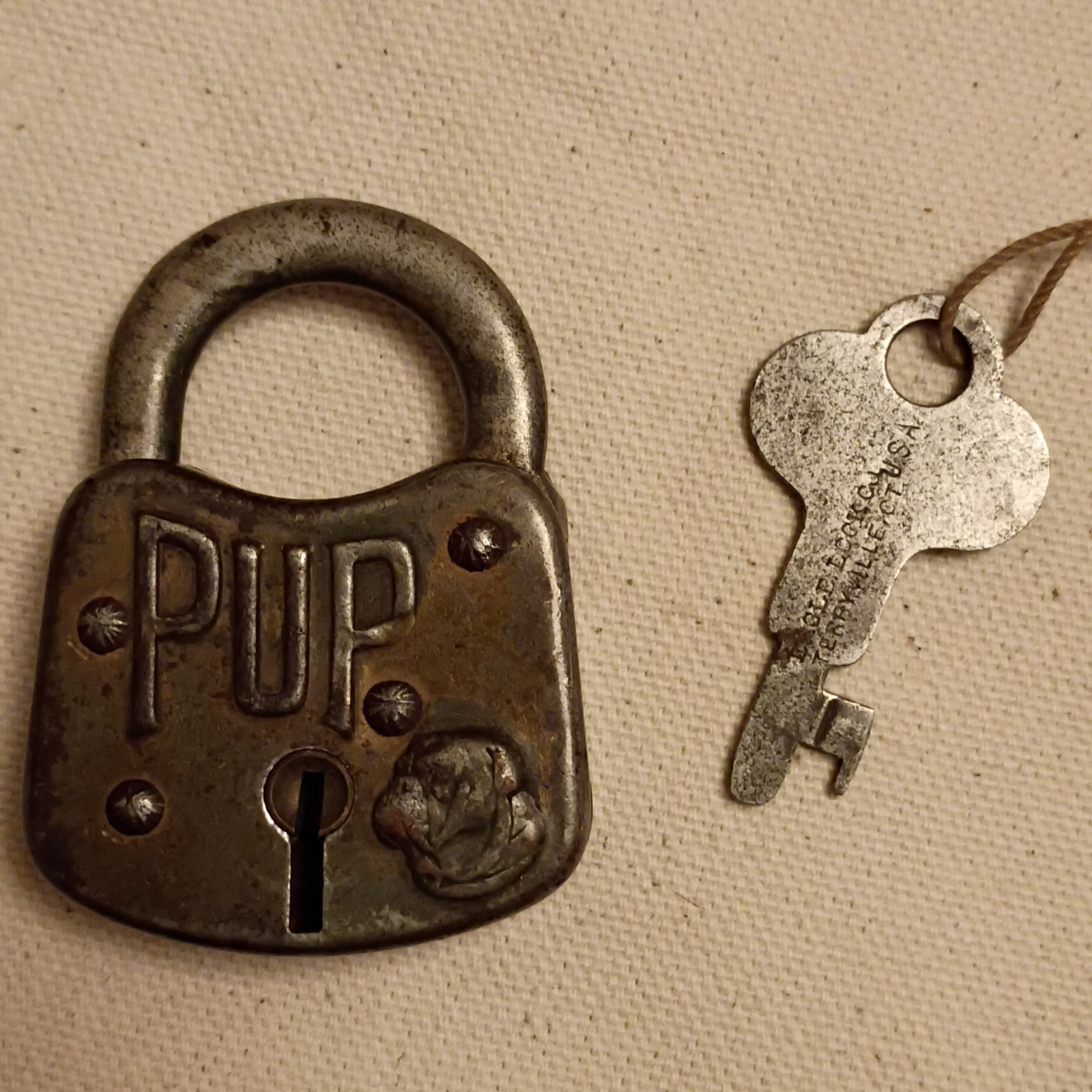 WORKING Vintage PUP Padlock With Key Antique Fraim Pressed Steel Dog Face Lock