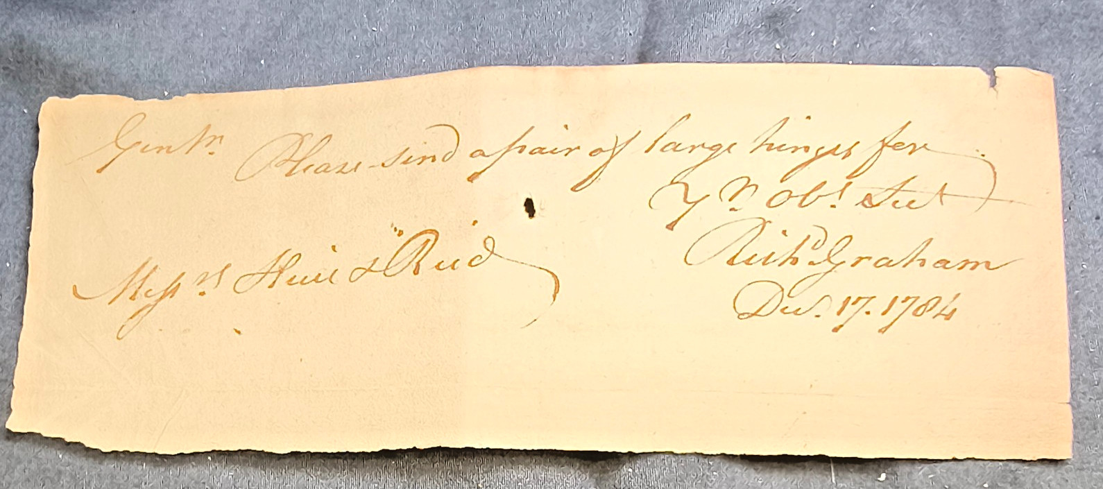 1784 Dumfries Virginia Order Richard Graham to Messrs Huie & Reid Hardware