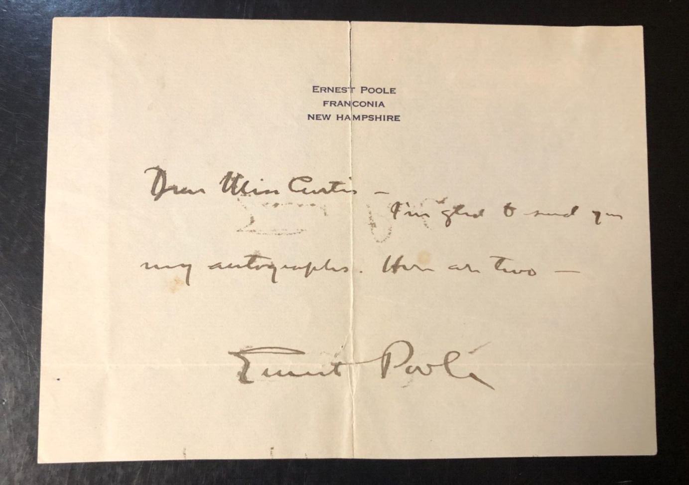 Ernest Cook Poole Signed Page - American journalist, novelist, and playwright