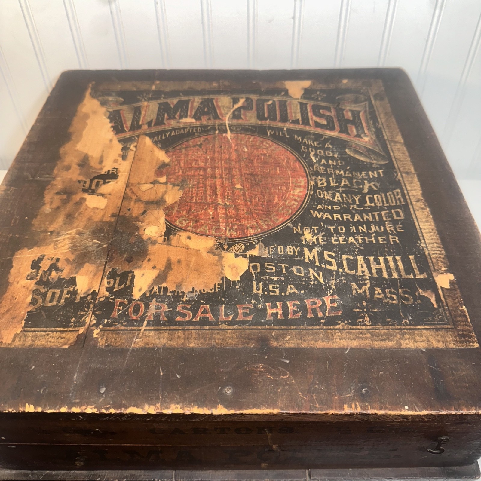 antique Alma shoes polish chromolithograph advertising box wood crate 15x16 antique Alma shoes polish chromolithograph advertising box wood crate 15x16