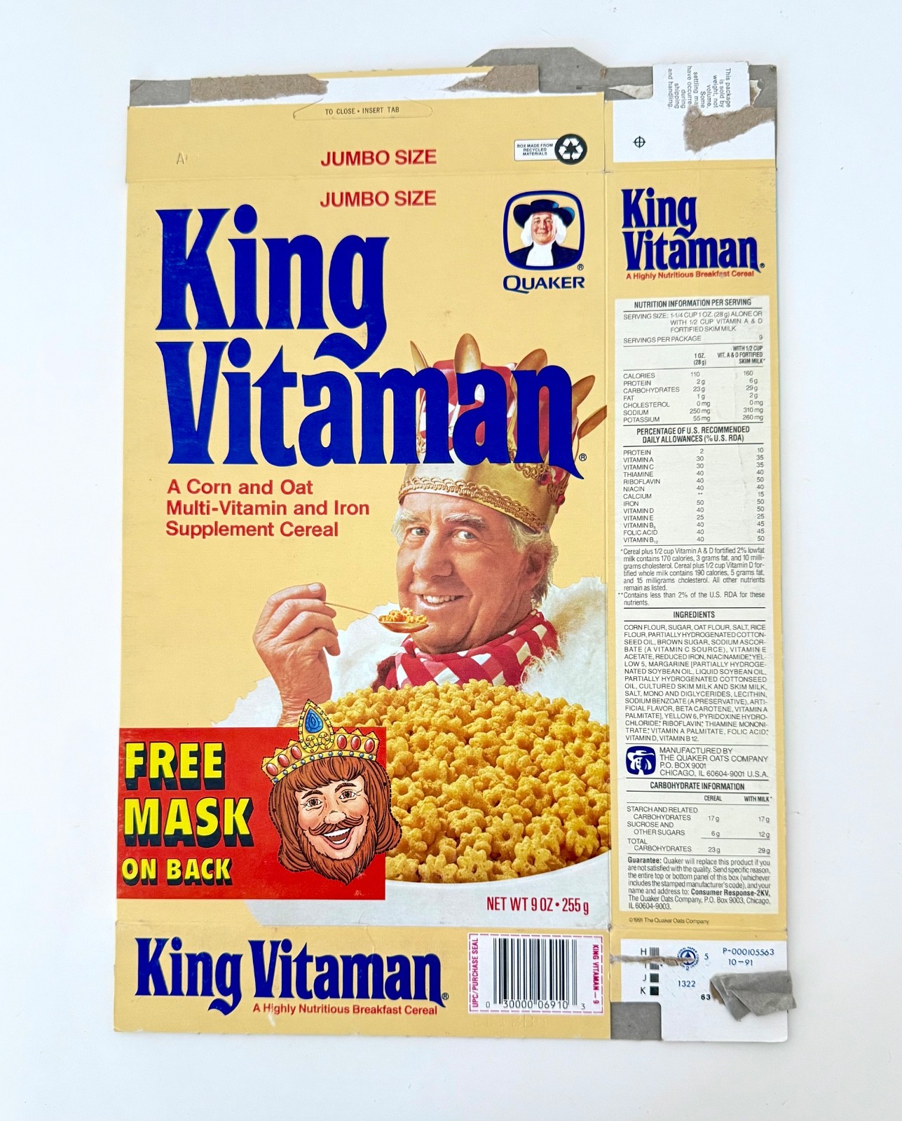 Vintage 1991 Quaker King Vitaman Cereal Box King Royale Mask Premium Kids Food