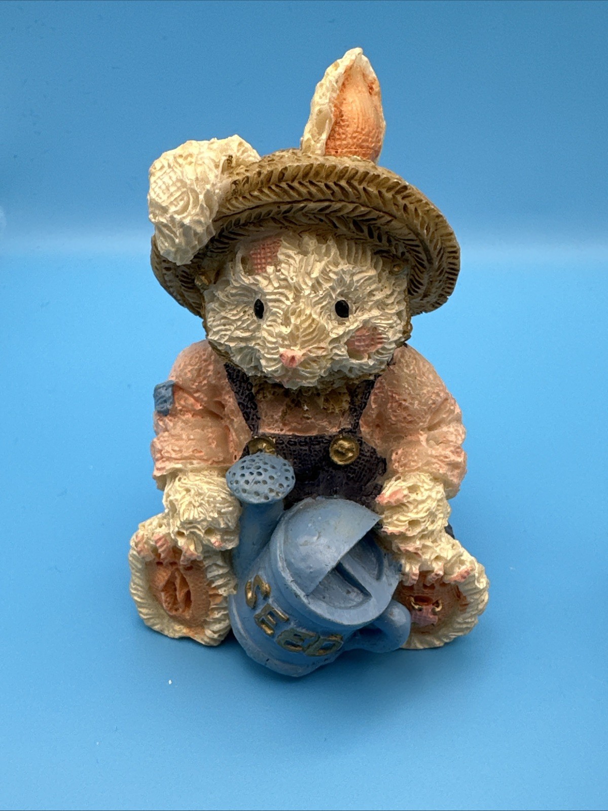 Vintage Rabbit Figurine w/ Straw Hat Overalls Holding Watering Can Easter Vintage Rabbit Figurine w/ Straw Hat Overalls Holding Watering Can Easter
