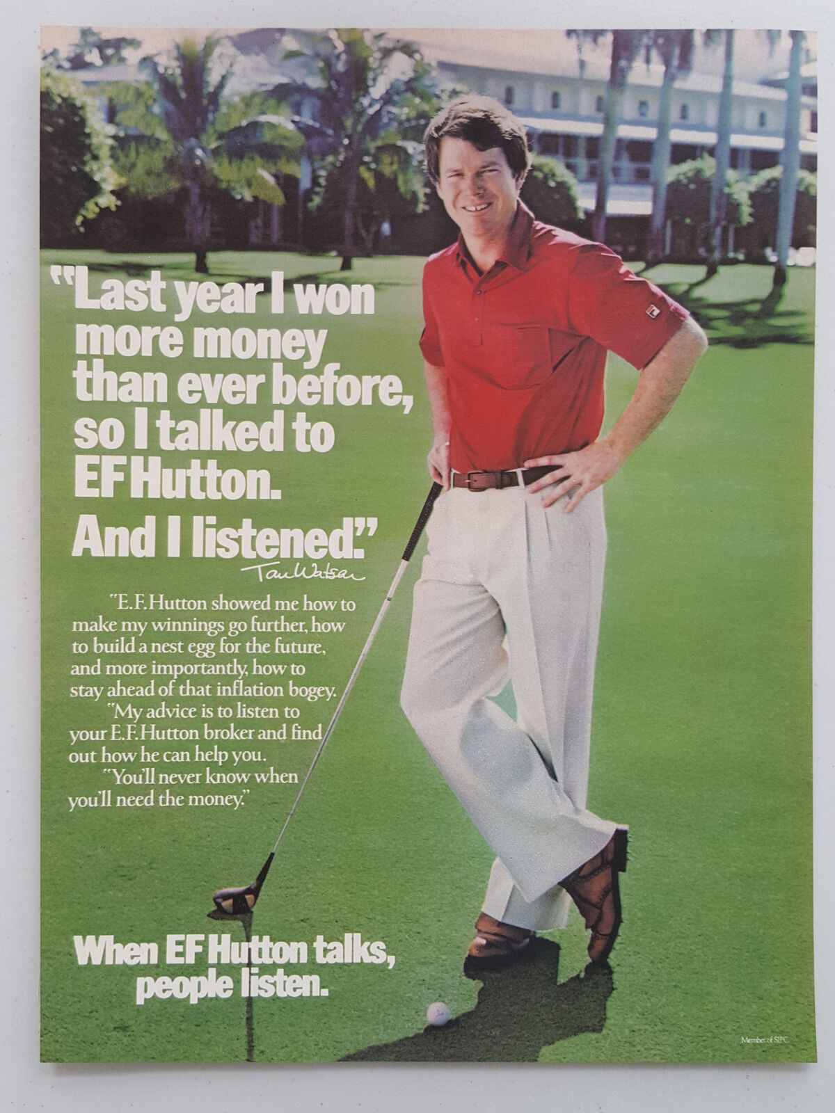 1981 EF Hutton Investments Financial Golf Tom Watson Vtg Magazine Print Ad