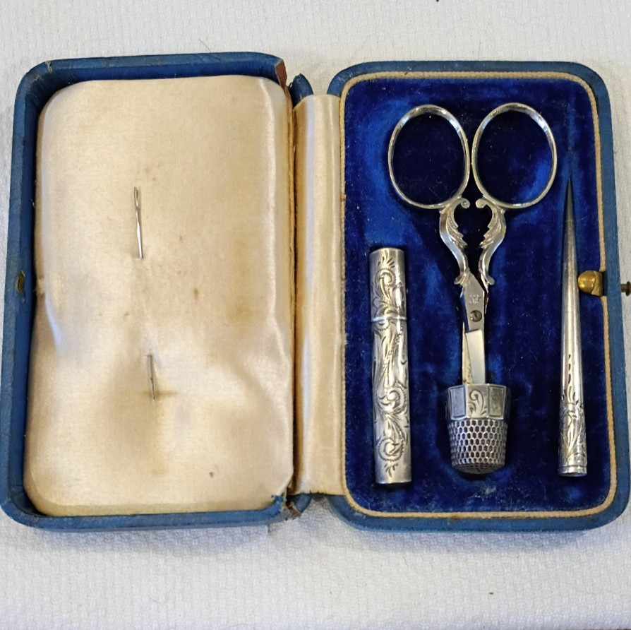 Antique French Unique Sterling And Silver Plated  Sewing Kit Set Late 19th C