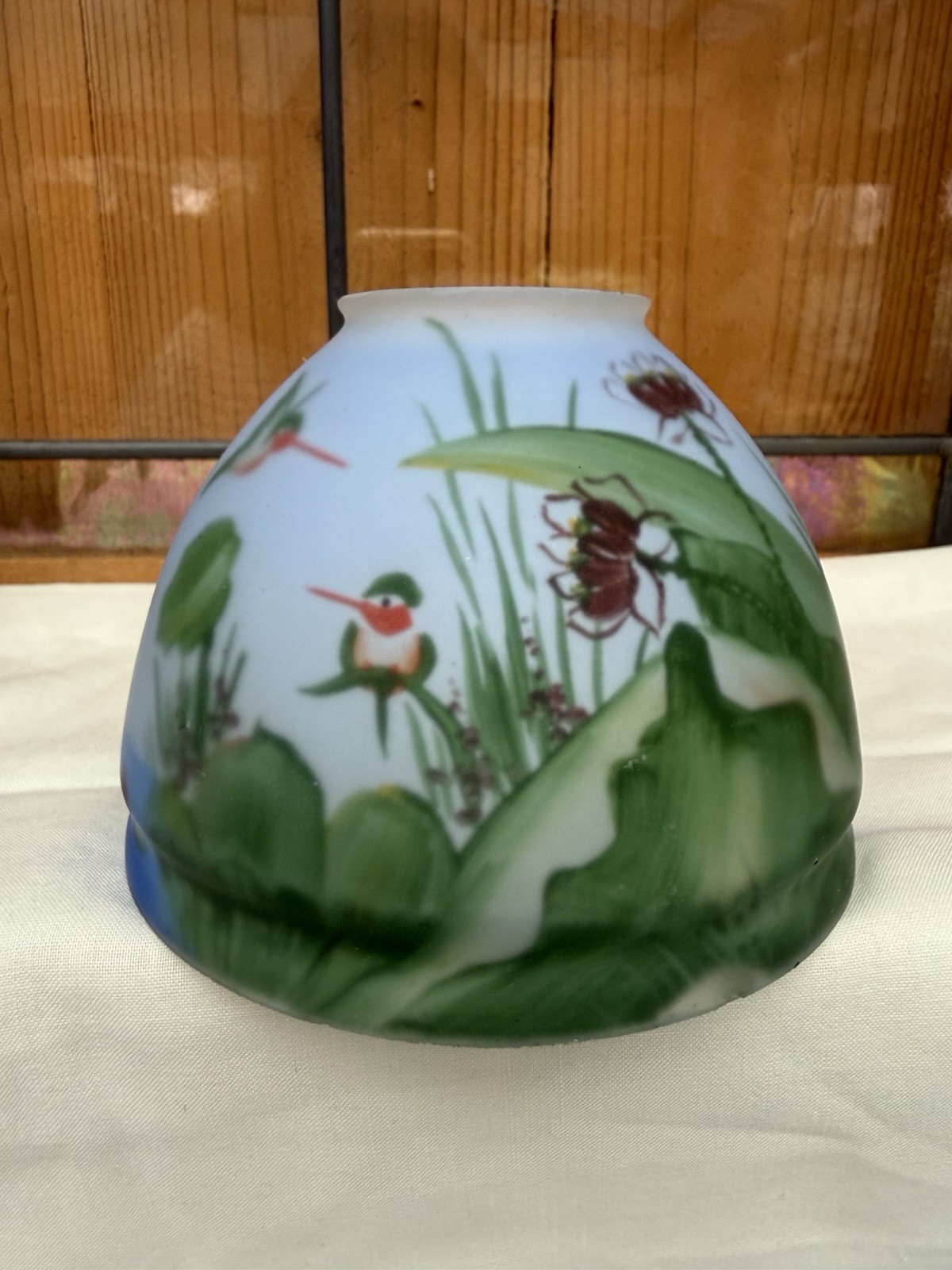 Vtg Reverse Painted Frosted Glass Mini Fairy Lamp Shade Hummingbirds Art FLAW Vtg Reverse Painted Frosted Glass Mini Fairy Lamp Shade Hummingbirds Art FLAW