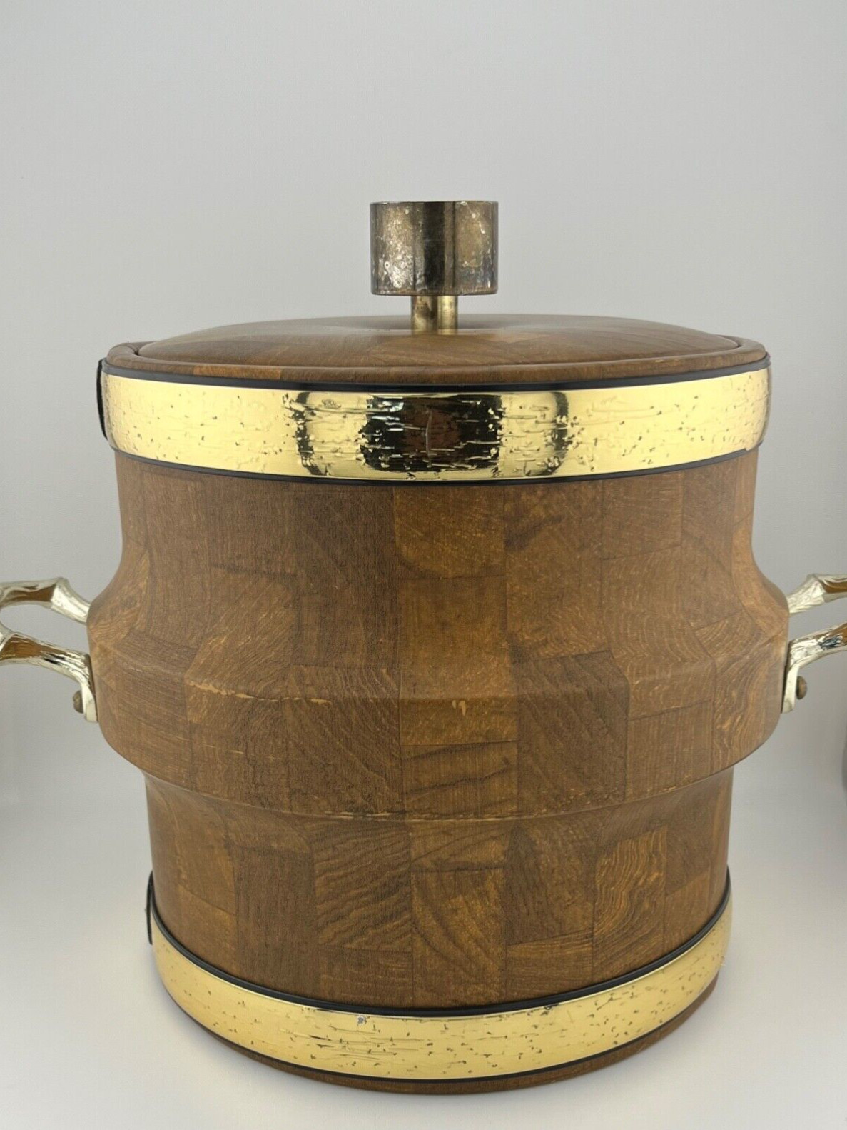 Vintage Mid Century Ice Bucket Vynyl Faux Wood 1960s Handles Lid Insulated Vintage Mid Century Ice Bucket Vynyl Faux Wood 1960s Handles Lid Insulated