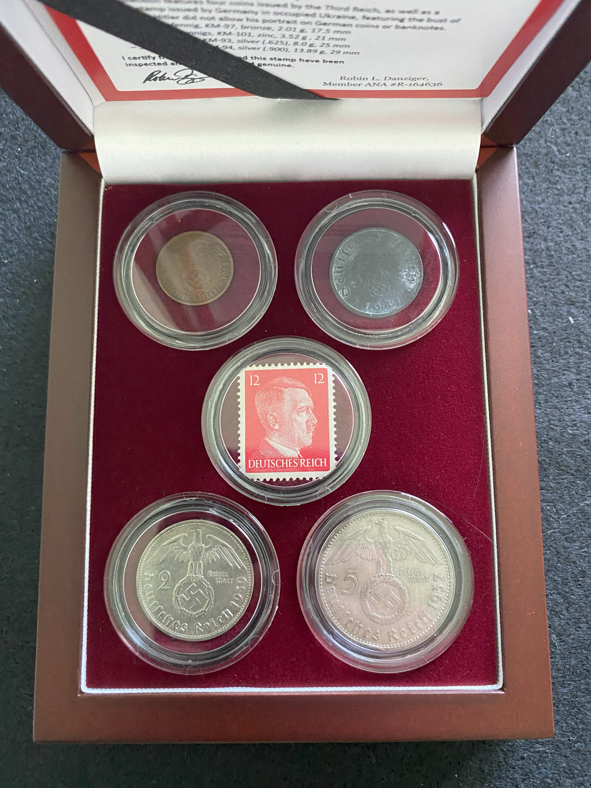 WW2 CERTIFIED German Coins TWO SILVER One Zinc & Bronze Mint Stamp Display Box