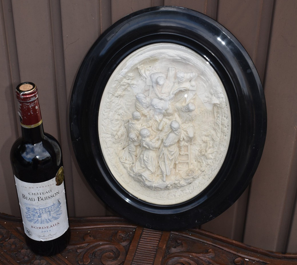 Antique Large Meerschaum bas relief convex globe plaque descent cross signed Antique Large Meerschaum bas relief convex globe plaque descent cross signed