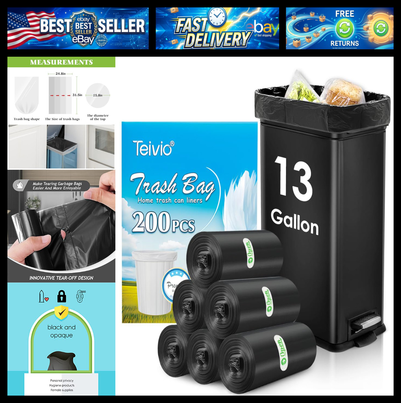 13 Gallon 200 Count Tall Kitchen Trash Bags 10 Gal 12 Gal 13 Gal fit 50 liter Ga