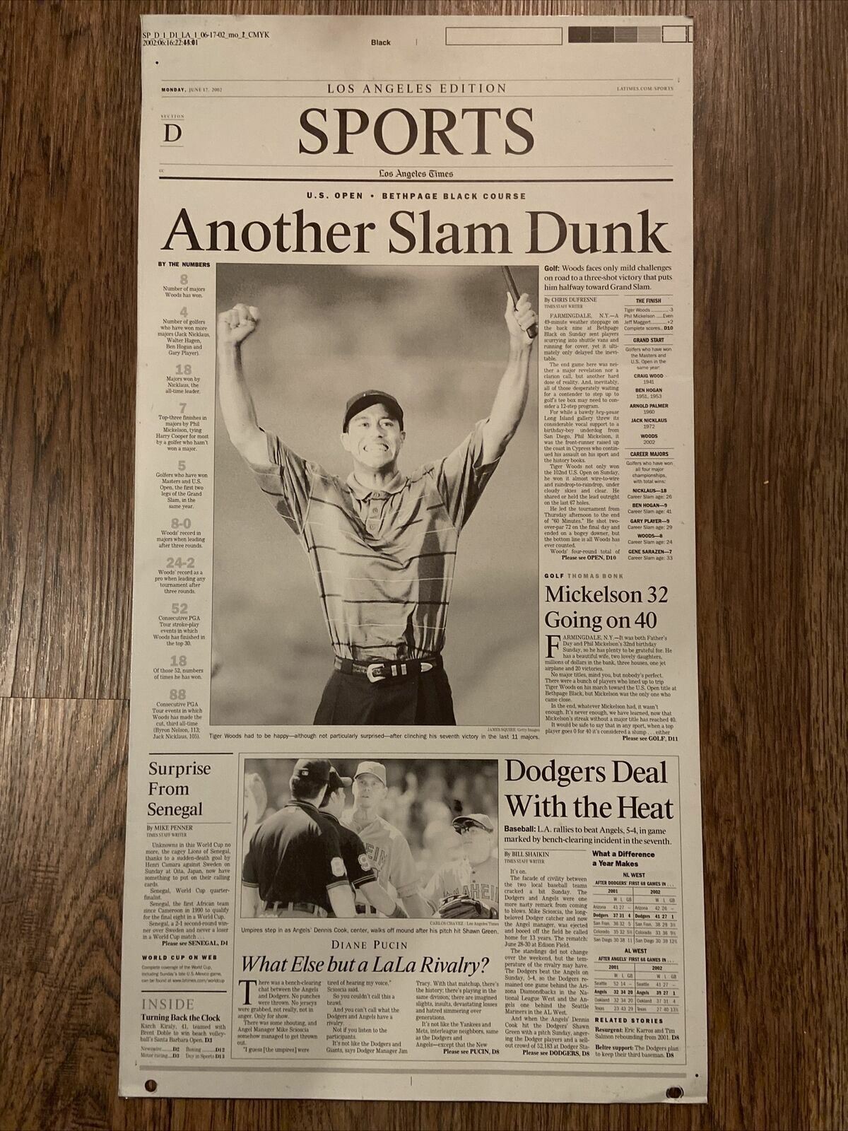 Another Slam Dunk LA Times June 17, 2002 Newspaper Print  Plate Tiger Woods 1/1