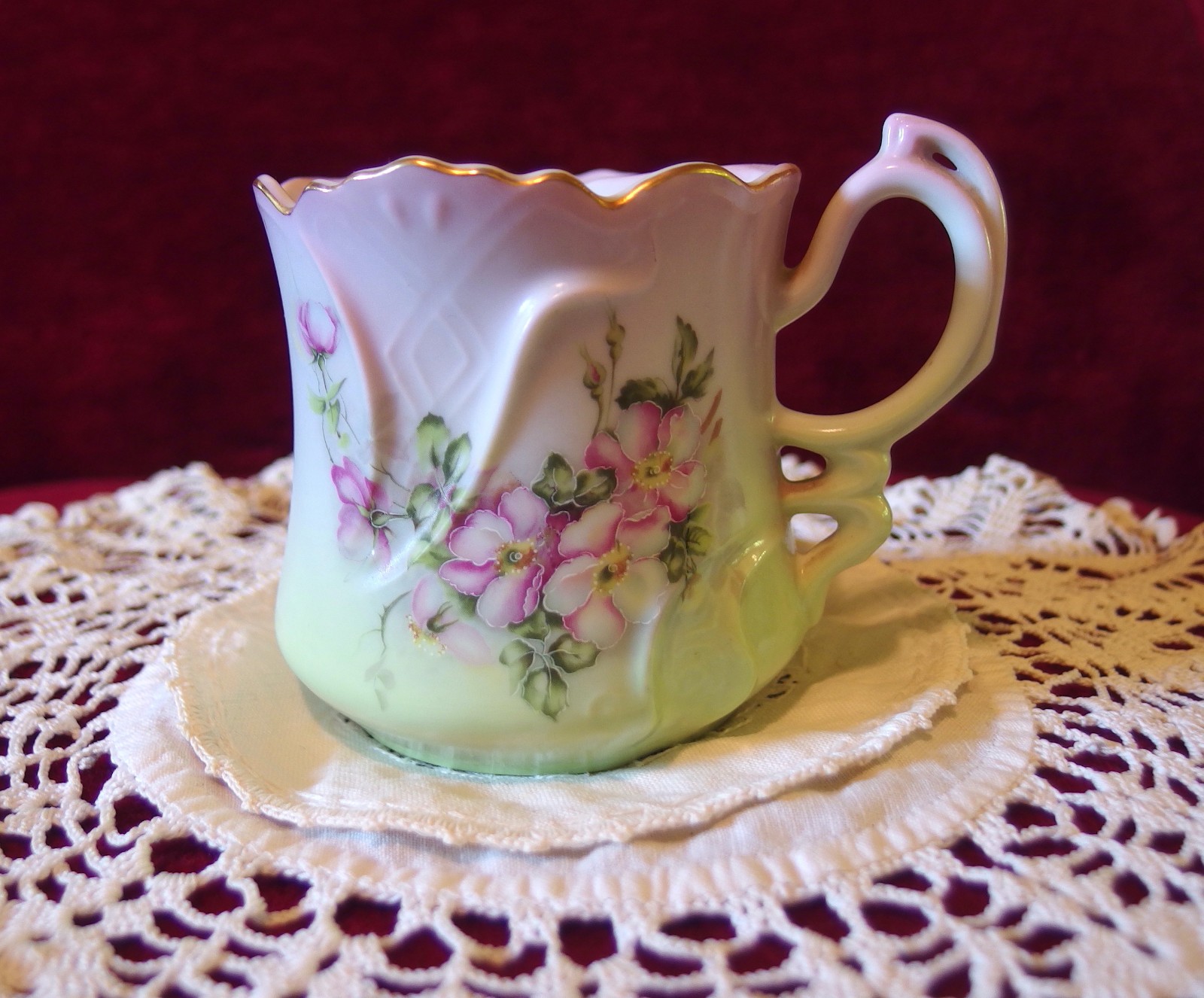 Vtg 1920’s Nippon Hand Painted Porcelain Mustache Cup Lgt Green Floral Gold Trim Vtg 1920’s Nippon Hand Painted Porcelain Mustache Cup Lgt Green Floral Gold Trim