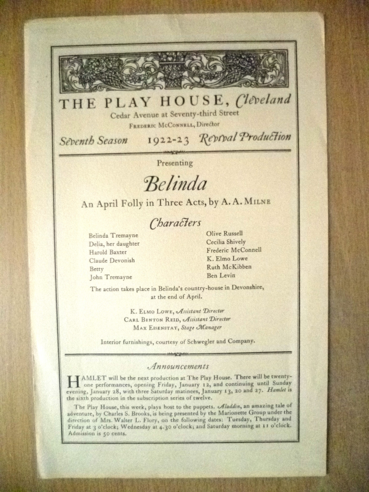 1922/23 The Play House Cleveland Programme OLIVE RUSSELL in BELINDA by A A Milne